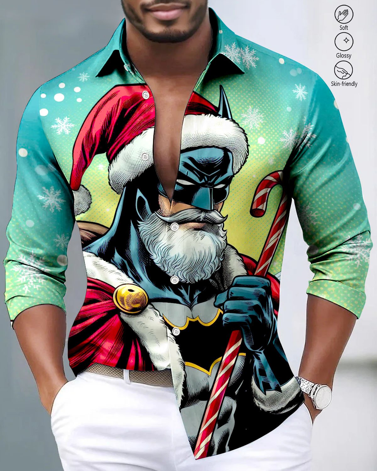 Alohadaddy® Satin Finish Christmas Batman Print Art Stretch Button Men's Long Sleeve Shirt Big & Tall