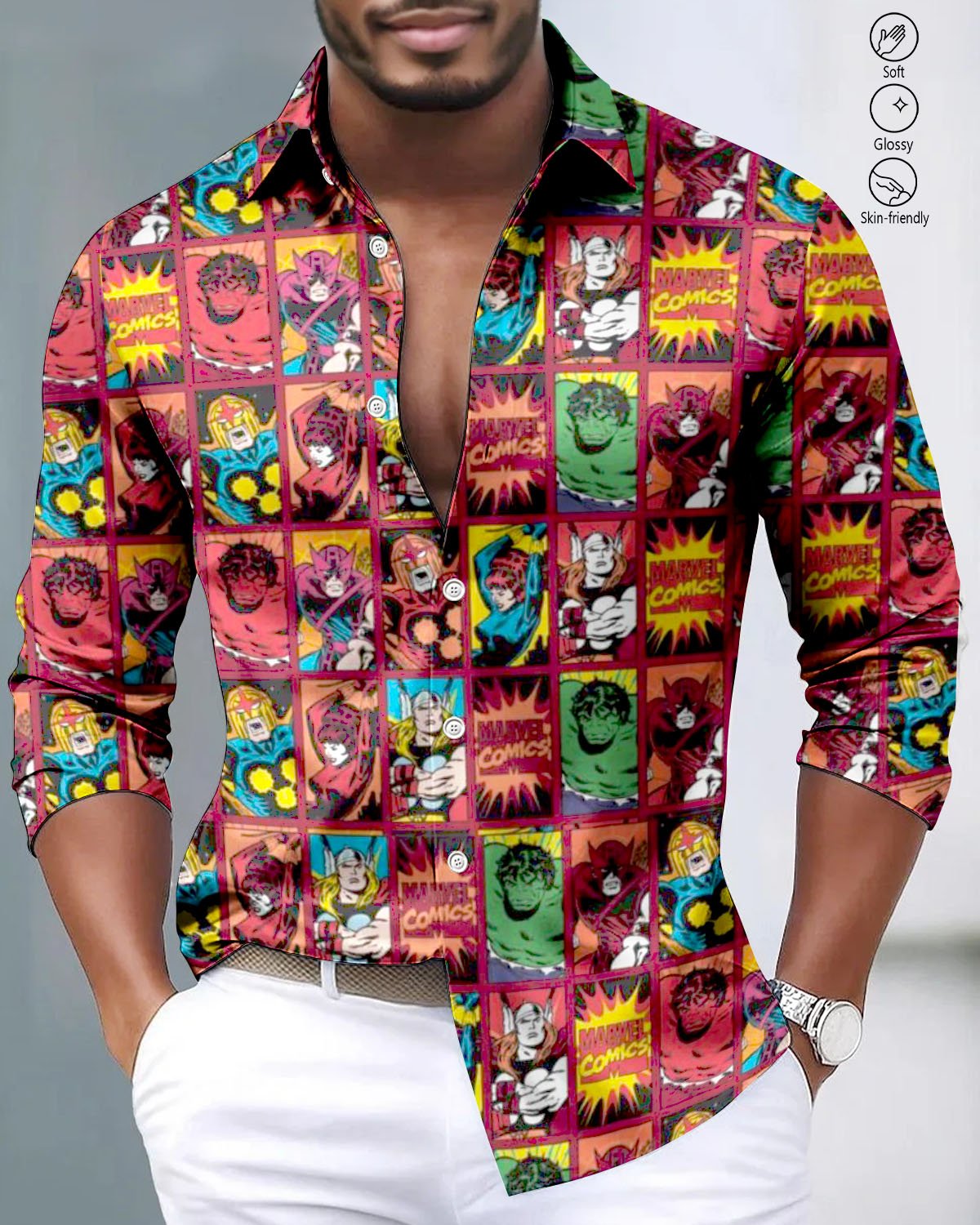 Alohadaddy® Satin Finish Vintage Cartoon Movie Print Art Stretch Men's Long Sleeve Shirt Big & Tall