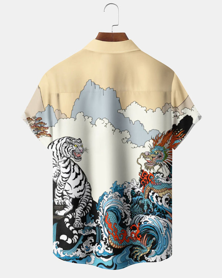 Alohadaddy® Vintage Ukiyo-e Dragon and Tiger Print Artistic Elastic Button Pocket Men&