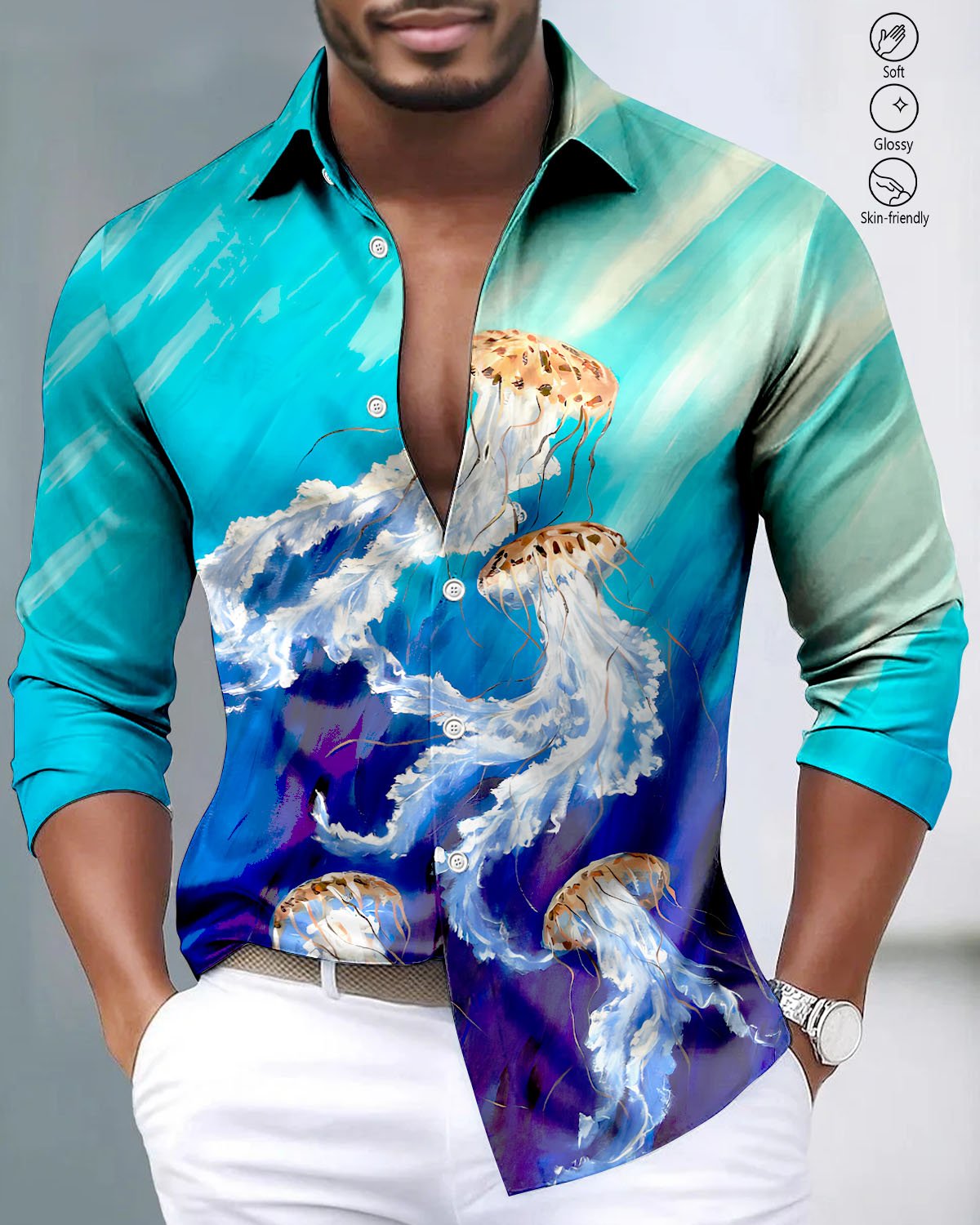 Alohadaddy® Satin Glossy Vintage Jellyfish Print Button Stretch Men's Long Sleeve Shirt Big & Tall