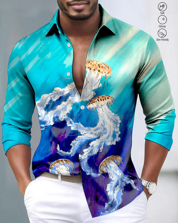 Alohadaddy® Satin Glossy Vintage Jellyfish Print Button Stretch Men&