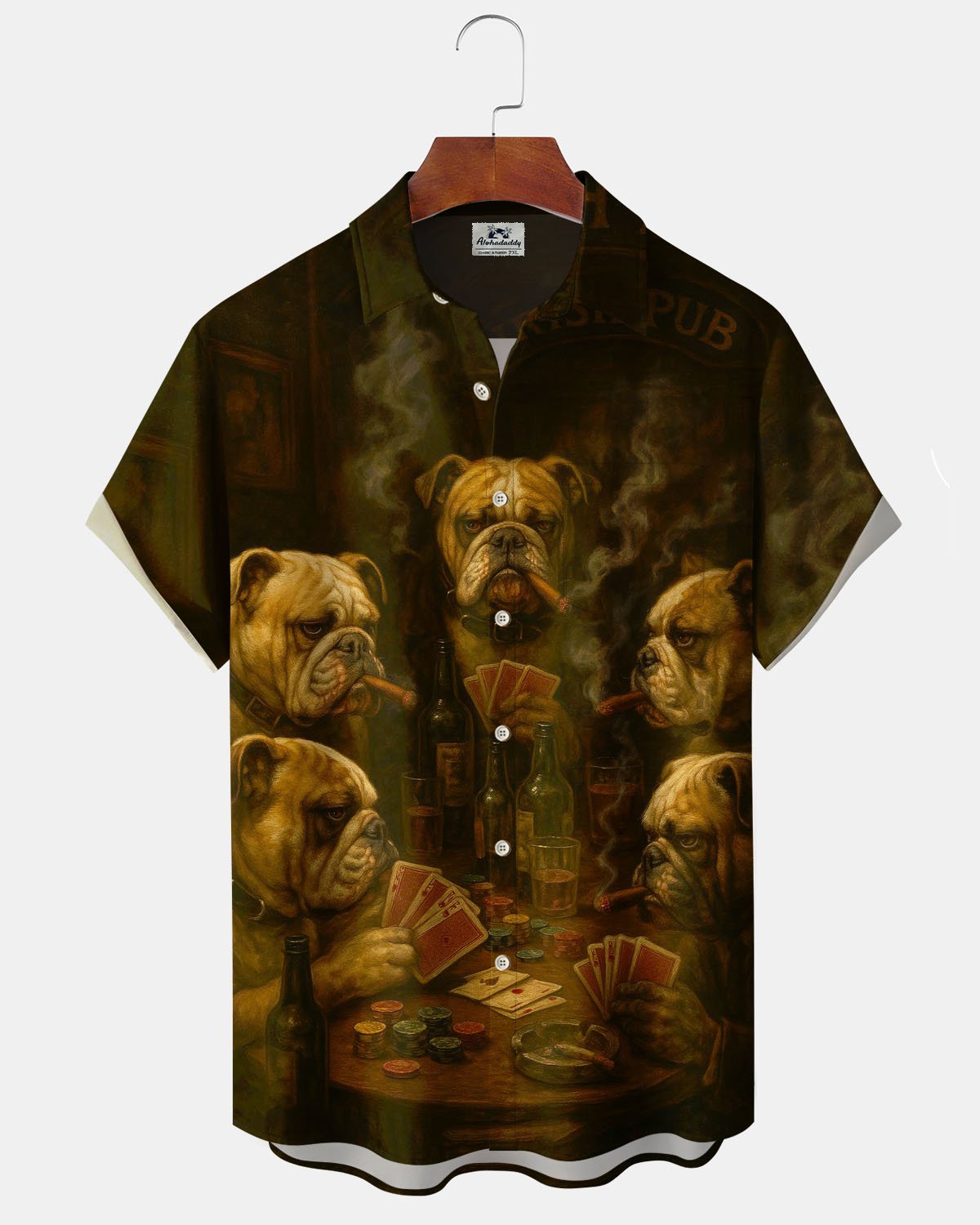 Alohadaddy® Vintage Gentleman's Dog Print Artistic Elastic Button Pocket Men's Short Sleeve Shirt Big & Tall