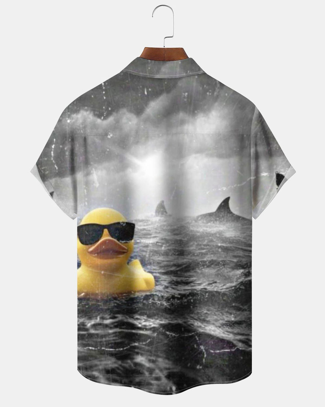Alohadaddy® Retro Little Yellow Duck Shark Cartoon Print Art Pocket Button-Down Men&
