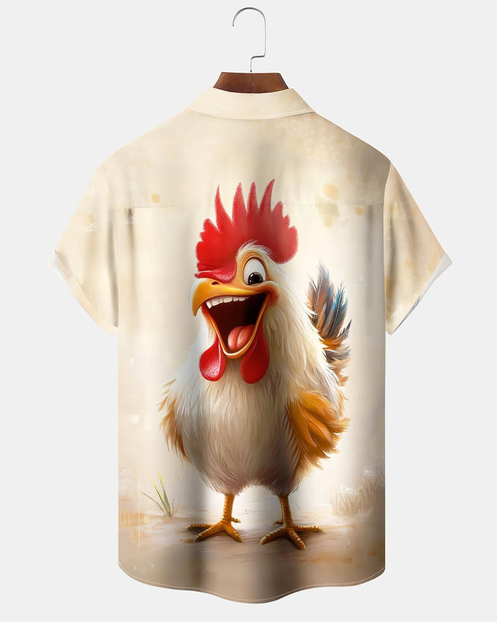 Alohadaddy® Casual Fun Rooster Print Art Button-Down Short-Sleeve Shirt with Pockets for Men Big &amp; Tall