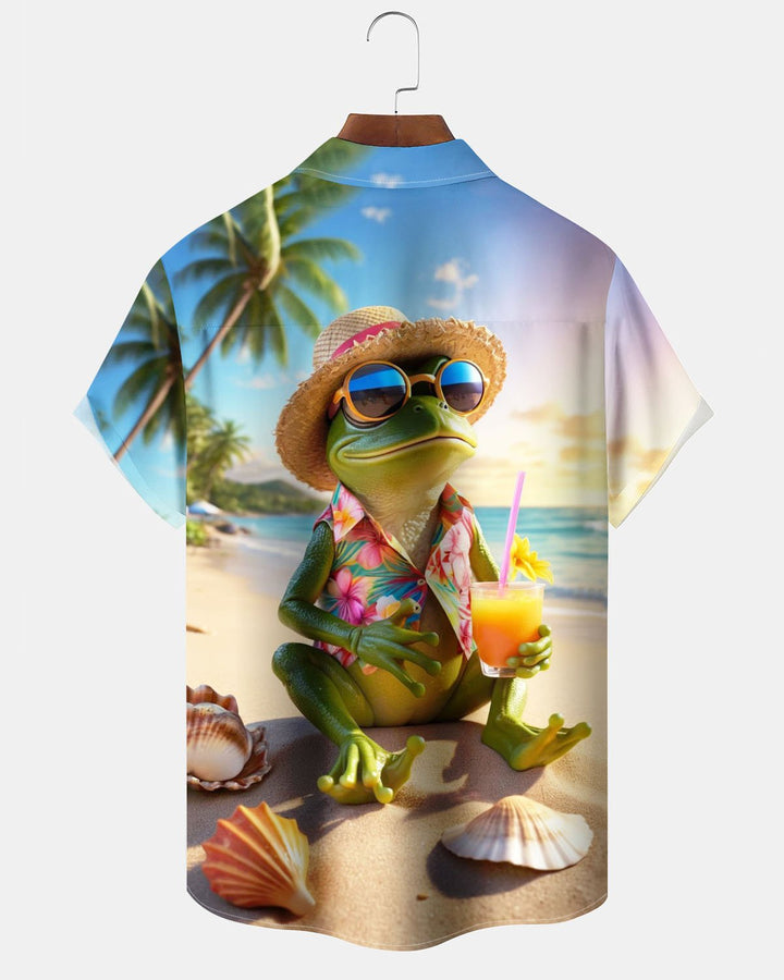 Alohadaddy® Hawaiian Vacation Frog Print Art Button Cardigan Pocket Men&