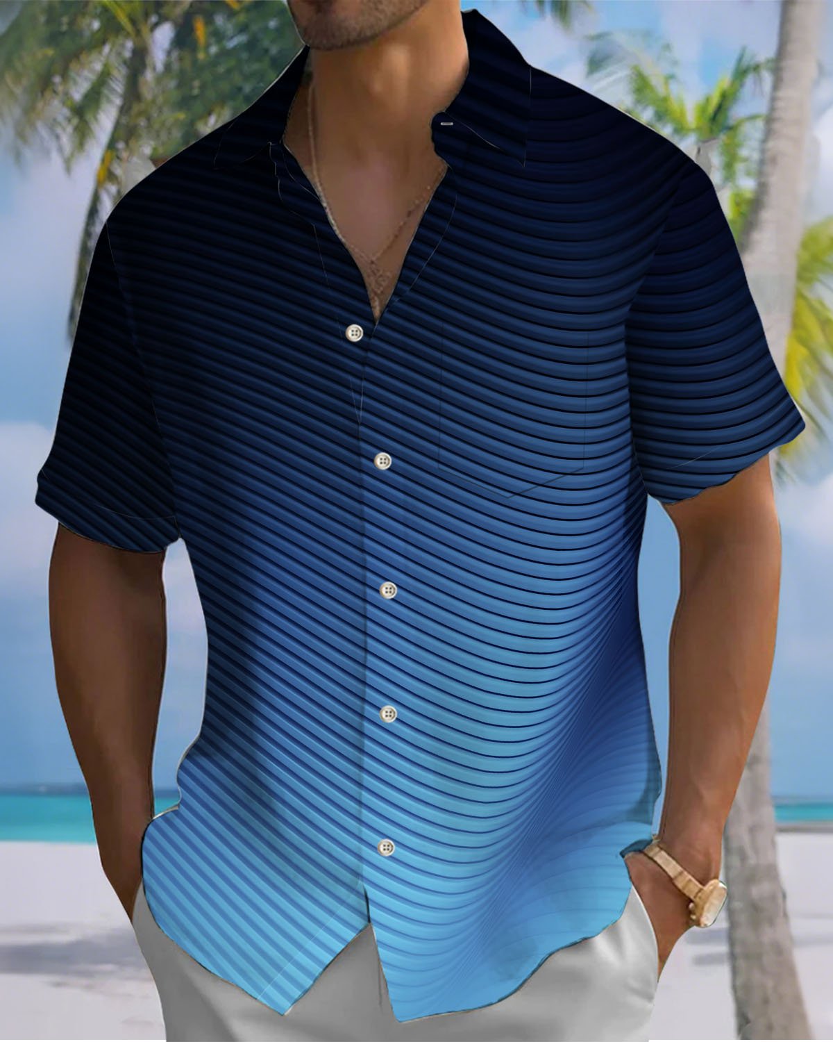 Alohadaddy® Casual Striped Gradient Print Art  Button Pockets Cardigan Men's Short-Sleeve Shirt Big & Tall