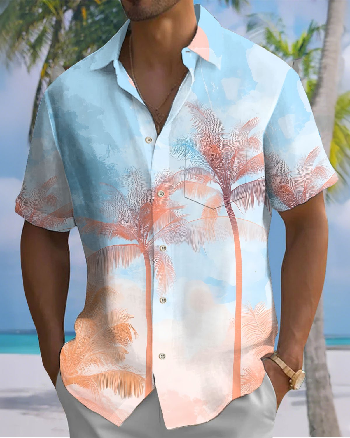 Alohadaddy® Casual Hawaiian Palm Tree Print Artistic Button Pocket Cardigan Men's Short Sleeve Shirt Big & Tall