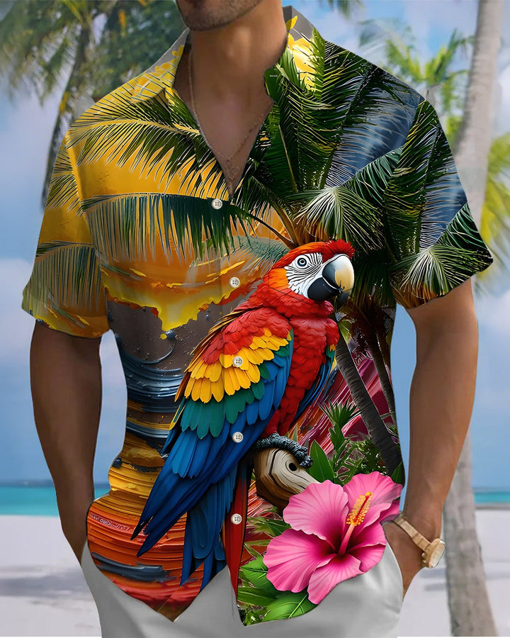 Alohadaddy® Casual Parrot Hawaiian Print Art Button Pocket Cardigan Men&
