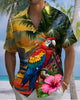 Alohadaddy® Casual Parrot Hawaiian Print Art Button Pocket Cardigan Men's Short Sleeve Shirt Big & Tall