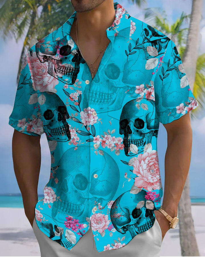 Alohadaddy® Hawaiian Skull Flower Print Art Button Pockets Cardigan Men&