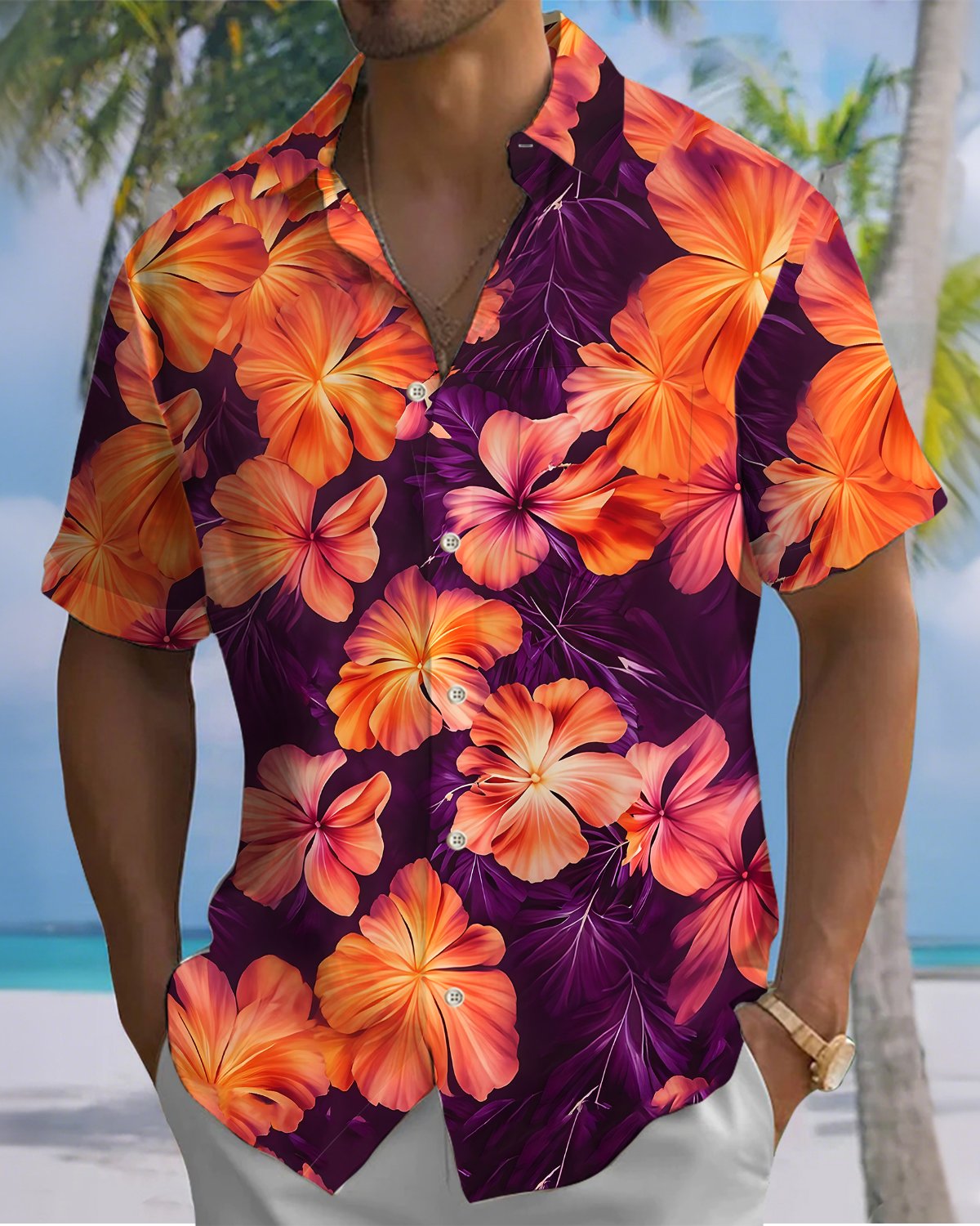 Alohadaddy® Hawaiian Hibiscus Print Art Button Pocket Cardigan Men's Short Sleeve Shirt Big & Tall