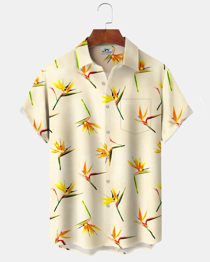 Alohadaddy® Vintage Bird of Paradise Floral Print Art Button Pocket Cardigan Men&