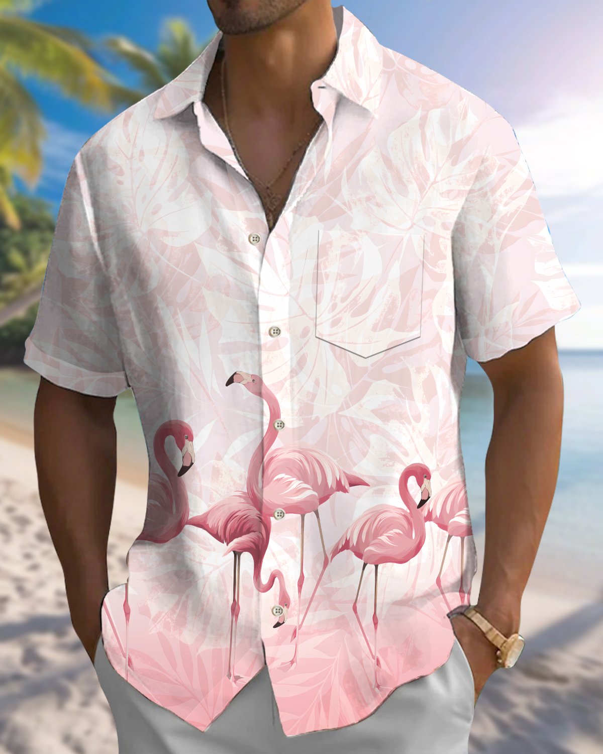 Alohadaddy® Hawaiian Flamingo Print Art Button Pocket Cardigan Men's Short Sleeve Shirt