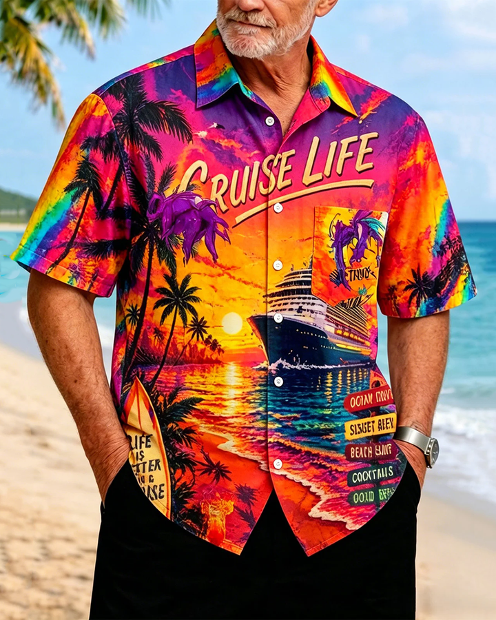 Alohadaddy® Hawaiian Palm Tree Print Art Button Pocket Cardigan Men&