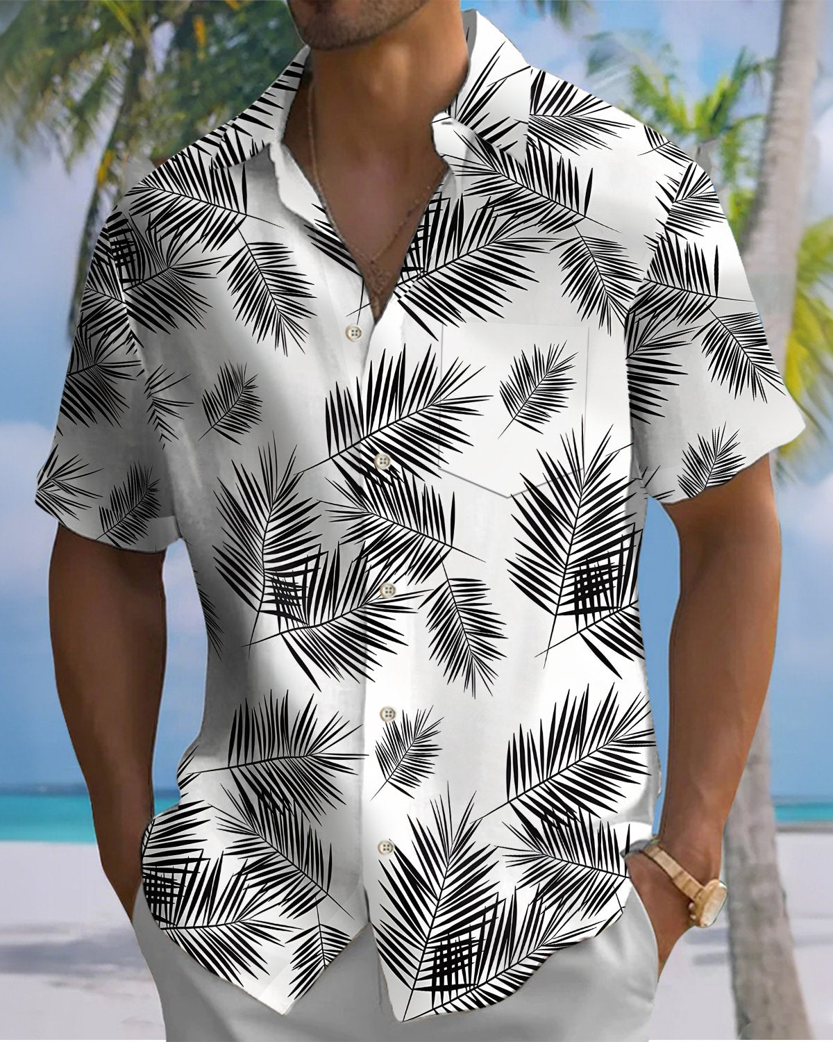 Alohadaddy® Hawaiian Palm Leaf Print Art Button Pocket Men's Short-Sleeve Shirt