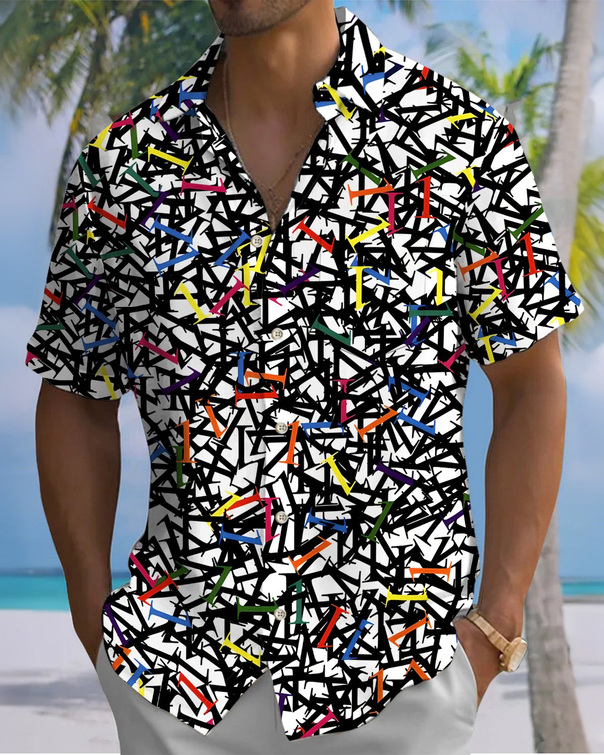 Alohadaddy® Vintage Abstract Art Print Art Button Pocket Cardigan Men's Short Sleeve Shirt