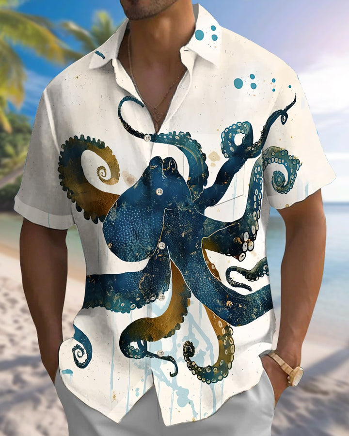 Alohadaddy® Hawaiian Octopus Print Art Button Pocket Cardigan Men&