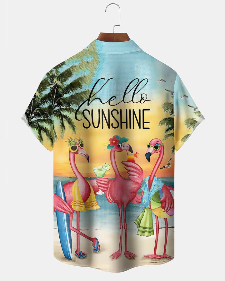 Alohadaddy® Hawaiian Flamingo Print Art Button Pocket Cardigan Men&