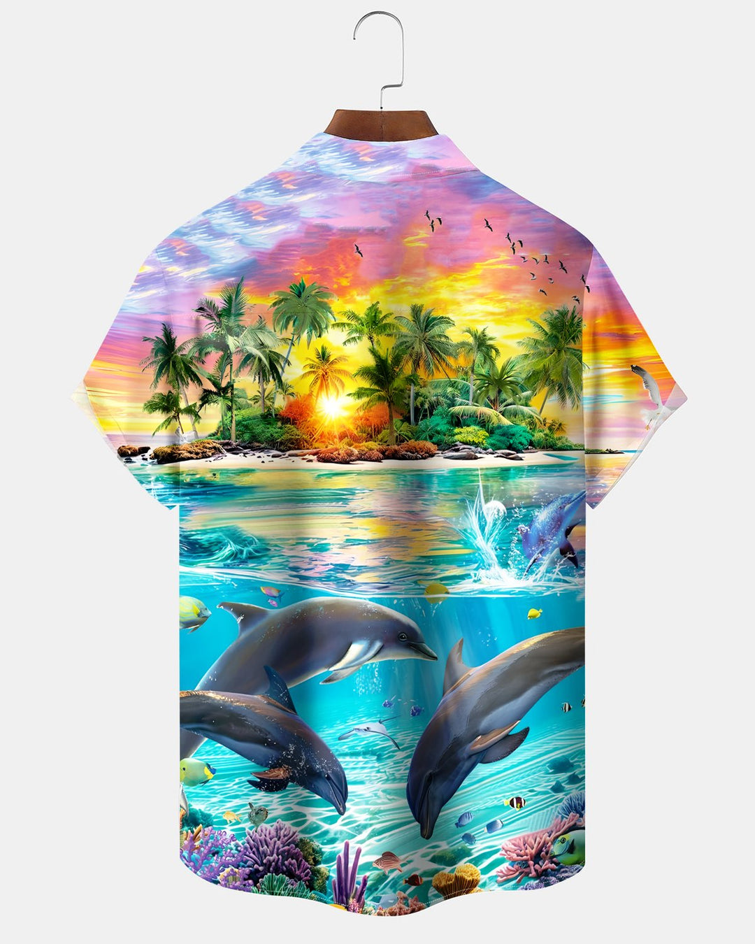 Alohadaddy® Hawaiian Dolphin Print Art Button Pocket Cardigan Men&