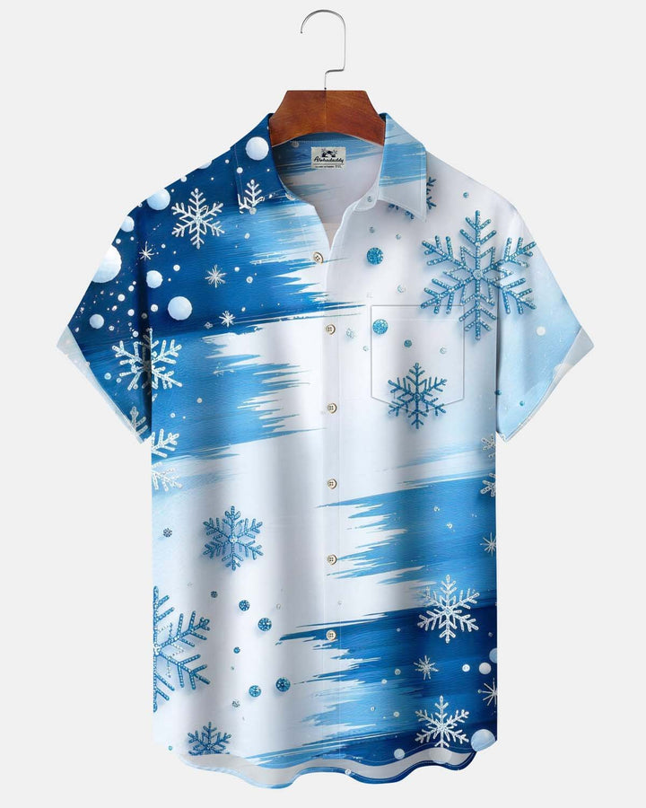 Alohadaddy® Men’s Short-Sleeve Button-Down Shirt with Holiday/Christmas Snowflake Print and Pocket