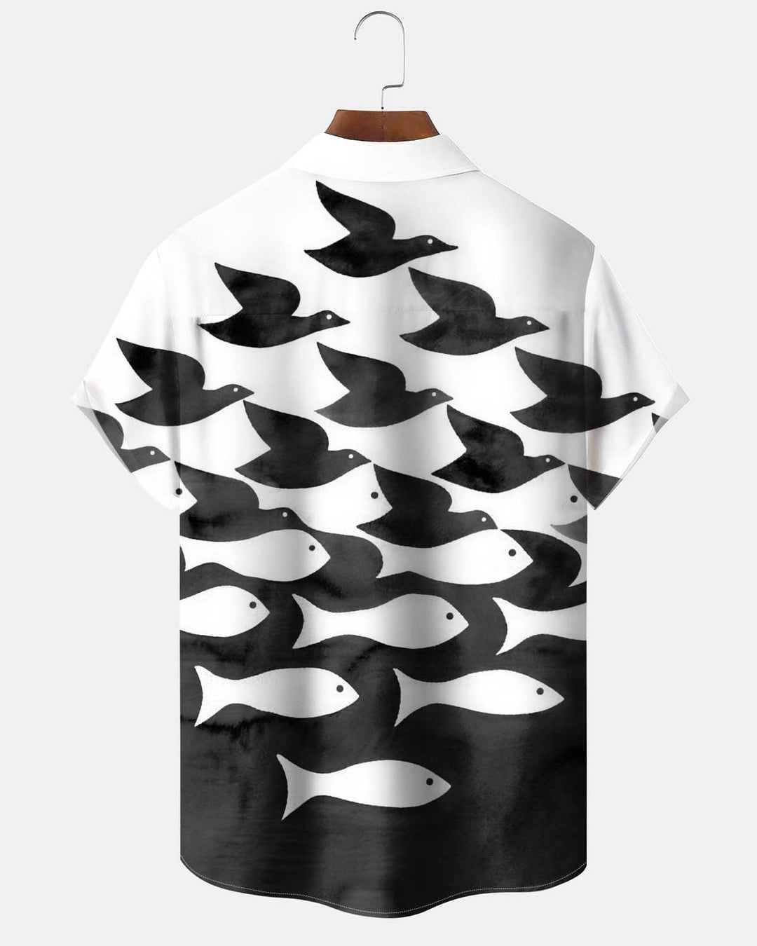 Alohadaddy® Men’s Short-Sleeve Button-Down Shirt  Casual Cardigan-Style Shirt with "Birds and Fish" Artistic Print and Pocket