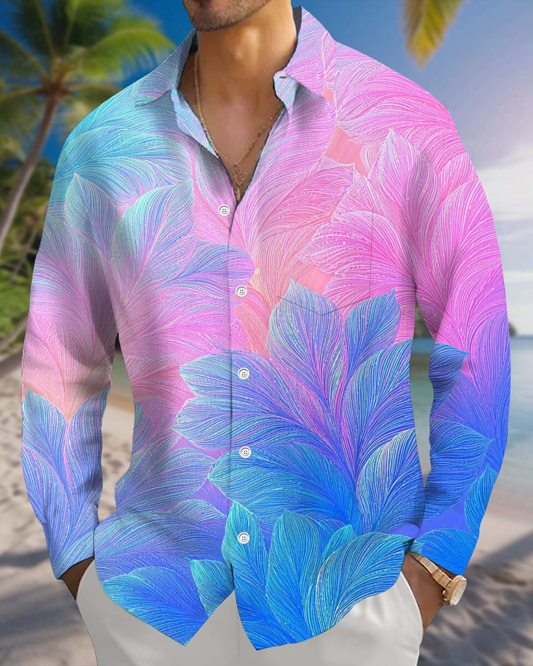 Alohadaddy® Men’s Long-Sleeve Hawaiian-Style Button-Down Shirt with Pocket