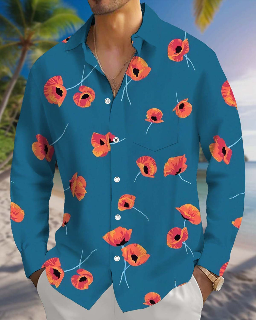 Alohadaddy® Men’s Long-Sleeve Casual Shirt Floral Print Button-Down with Pocket