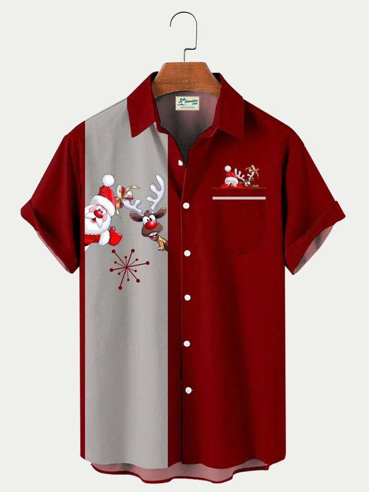 Camisa de rayas con costuras navideñas creativas para hombre con bolsillos