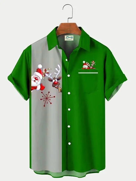 Camisa de rayas con costuras navideñas creativas para hombre con bolsillos