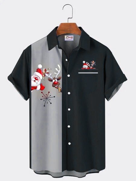 Camisa de rayas con costuras navideñas creativas para hombre con bolsillos