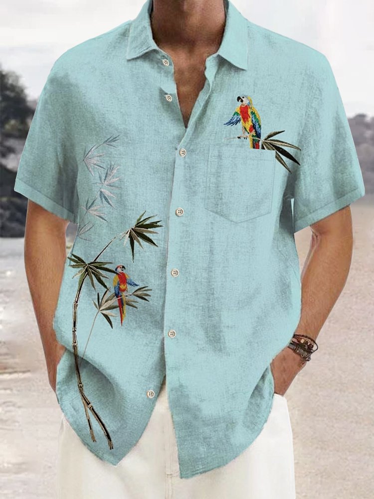 Alohadaddy Green Linen Cotton Parrot Print Chest Bag Vintage Shirt Plus Size Shirt