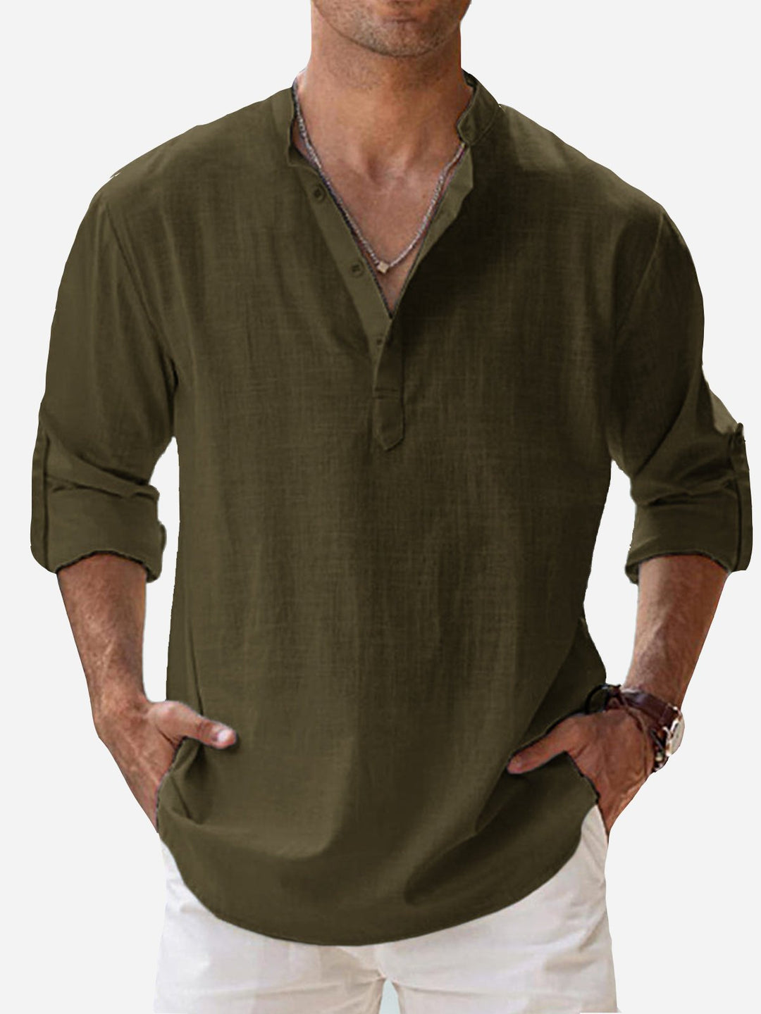 Camisas de manga larga con cuello de banda, de lino y algodón, básicas, informales, vintage, de Alohadaddy, cómodas y transpirables para campamento