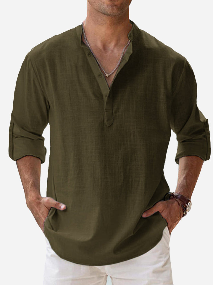 Camisas de manga larga con cuello de banda, de lino y algodón, básicas, informales, vintage, de Alohadaddy, cómodas y transpirables para campamento