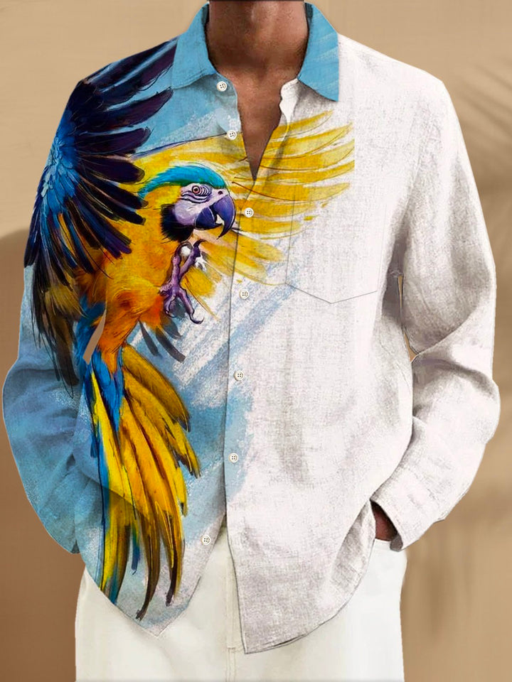 Camisa de manga larga con bolsillos abotonados para hombre con estampado de loros de Alohadaddy