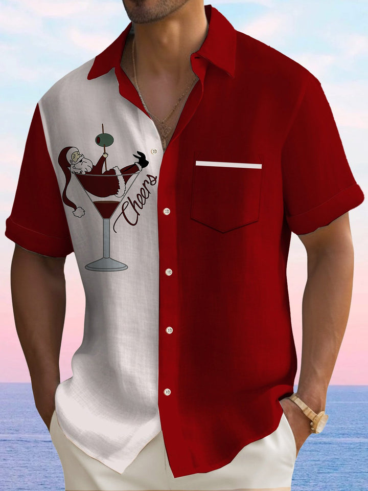 Men Santa With Gifts Bag Print Pocket Front Short Sleeves Shirt