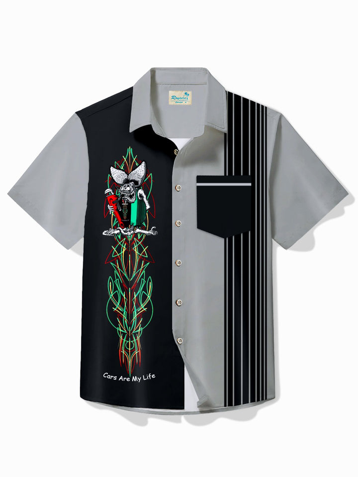 Alohadaddy Vintage Pinstripe Rat Fink Panel BowIing Printed Chest Pocket Shirt Large Size Men&