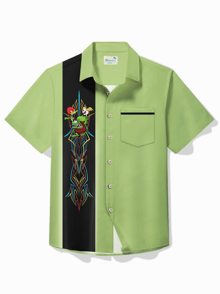 Alohadaddy Vintage Pinstripe Rat Fink flying eyeball Red Duck Panel BowLing Printed Chest Pocket Shirt Large Size Men&