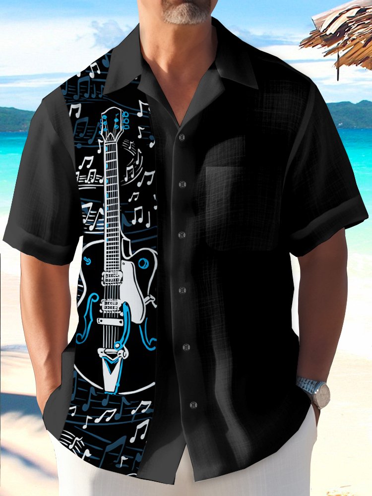 Alohadaddy Vintage Bowling Music Guitar Line Print Chest Pocket Shirt Plus Size Men&