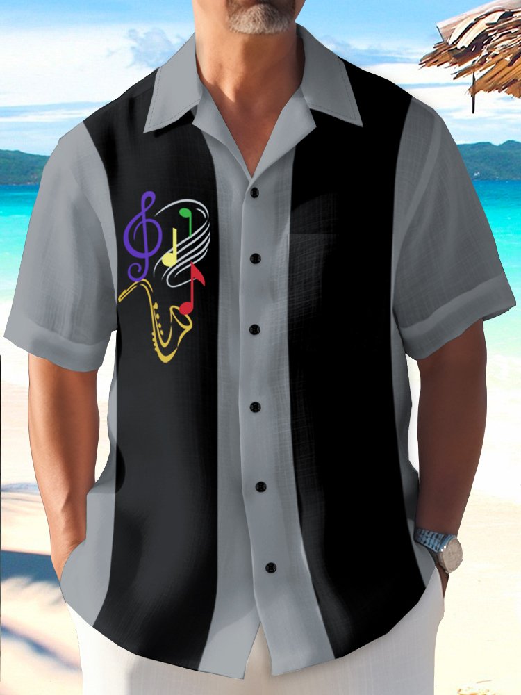 Alohadaddy Vintage Bowling Music Line Print Chest Pocket Shirt Plus Size Men&
