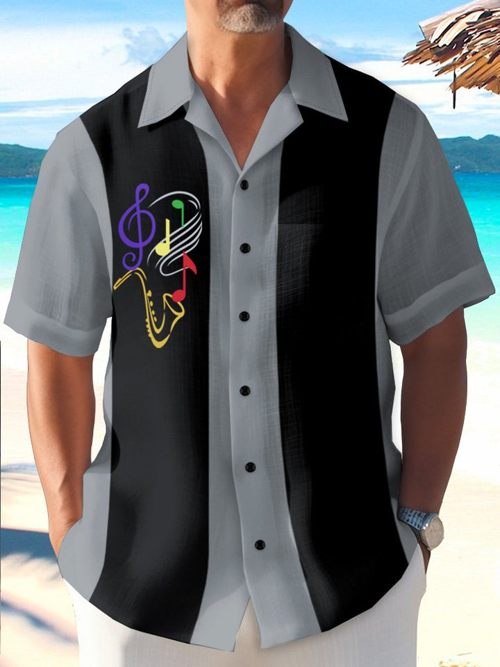 Alohadaddy Vintage Bowling Music Line Print Chest Pocket Shirt Plus Size Men&