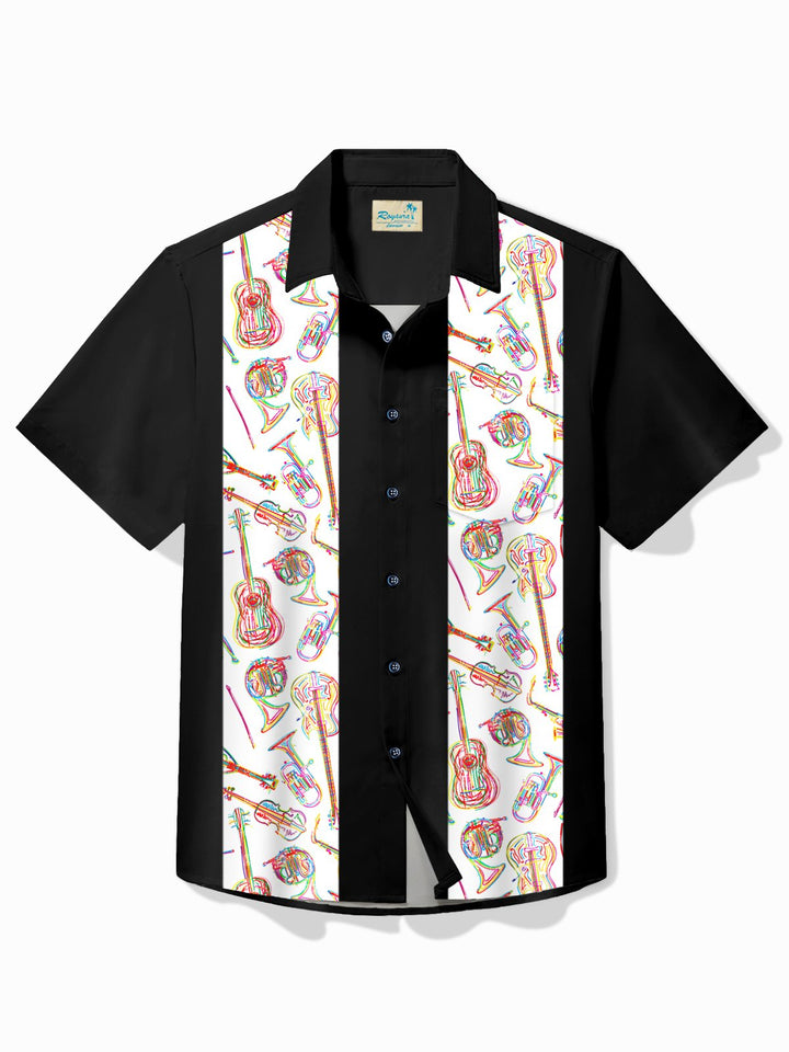 Camisa hawaiana informal de manga corta con estampado de guitarra e instrumento de bolos vintage para hombre de Alohadaddy