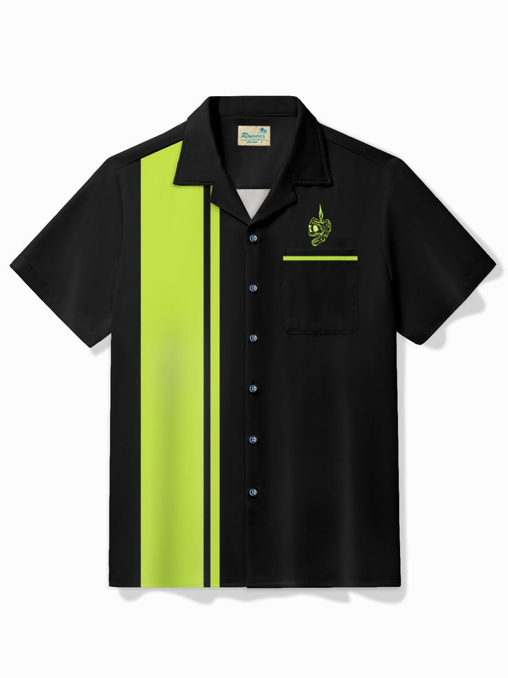 Alohadaddy Vintage Bowling Candle Tattoo Design Printed Chest Pocket Shirt Plus Size Men&