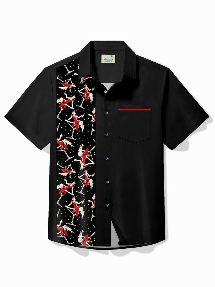 Alohadaddy Vintage Bowling  Pin Up Girl Printed Chest Pocket Shirt Large Size Men&