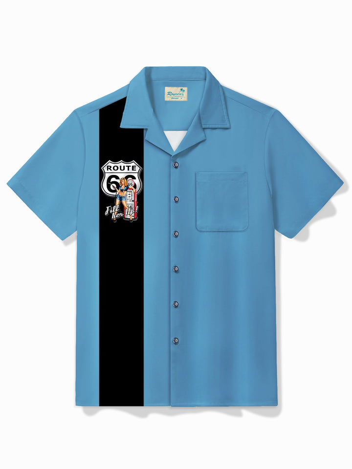 Alohadaddy Vintage Bowling Route 66 Fill Her Up Pinup GirlPrint Chest Pocket Shirt Plus Size Men&