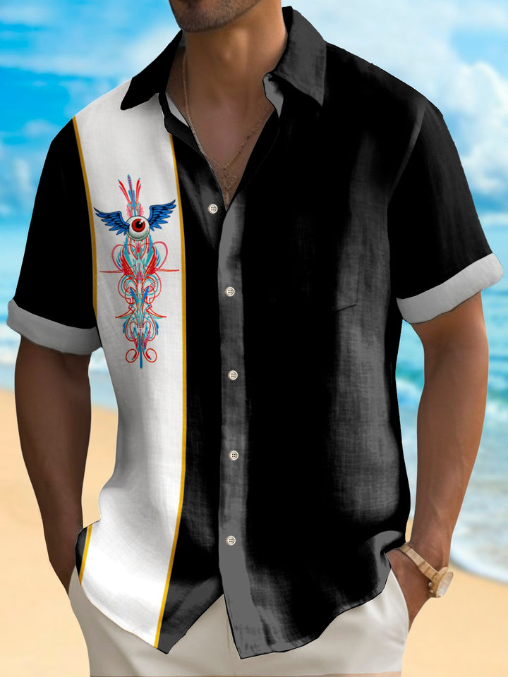 Alohadaddy Vintage Eyeball Pinstripe Panel BowLing Printed Chest Pocket Shirt Plus Size Men&