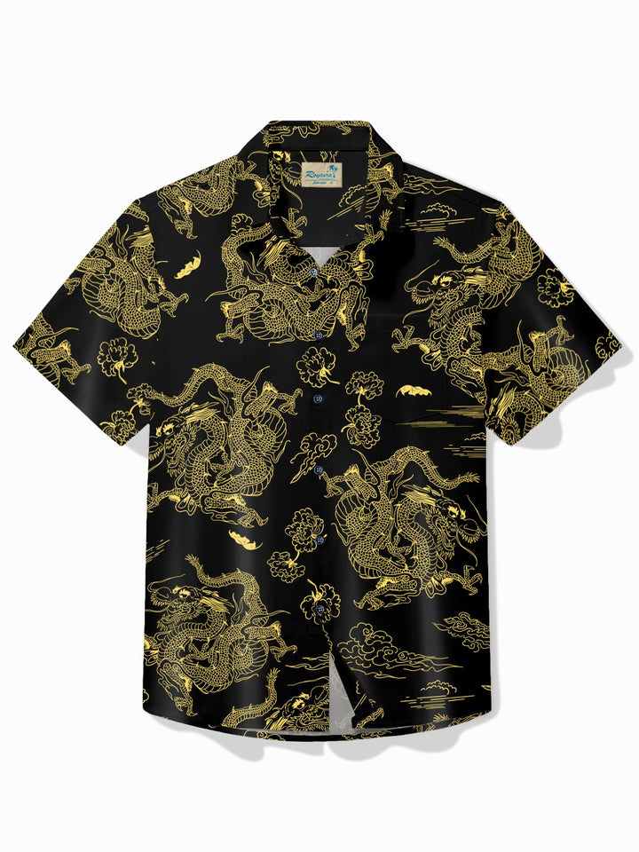 Camisa de hombre con estampado de dragón dorado y negro del año del dragón vintage de Alohadaddy, camisa de camping con bolsillo elástico, talla grande