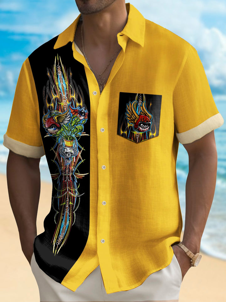 Alohadaddy Vintage Pinstripe Flying Eyeball Skull Bowling Print Chest Pocket Shirt Large Size Men&