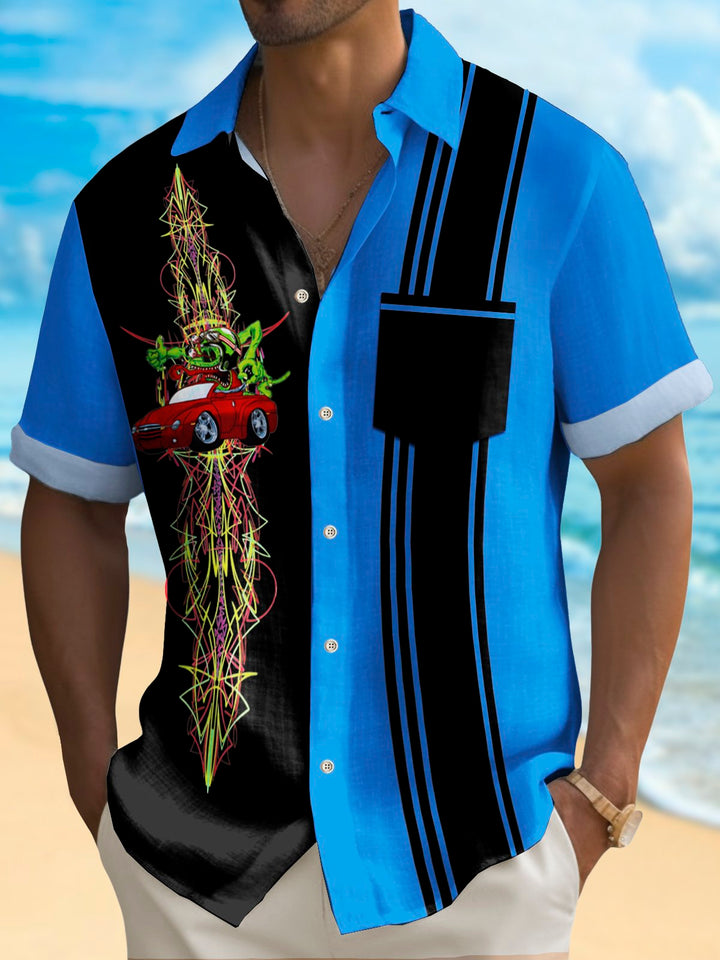 Alohadaddy Vintage Pinstripe Car Panel BowLing Printed Chest Pocket Shirt Large Size Men&