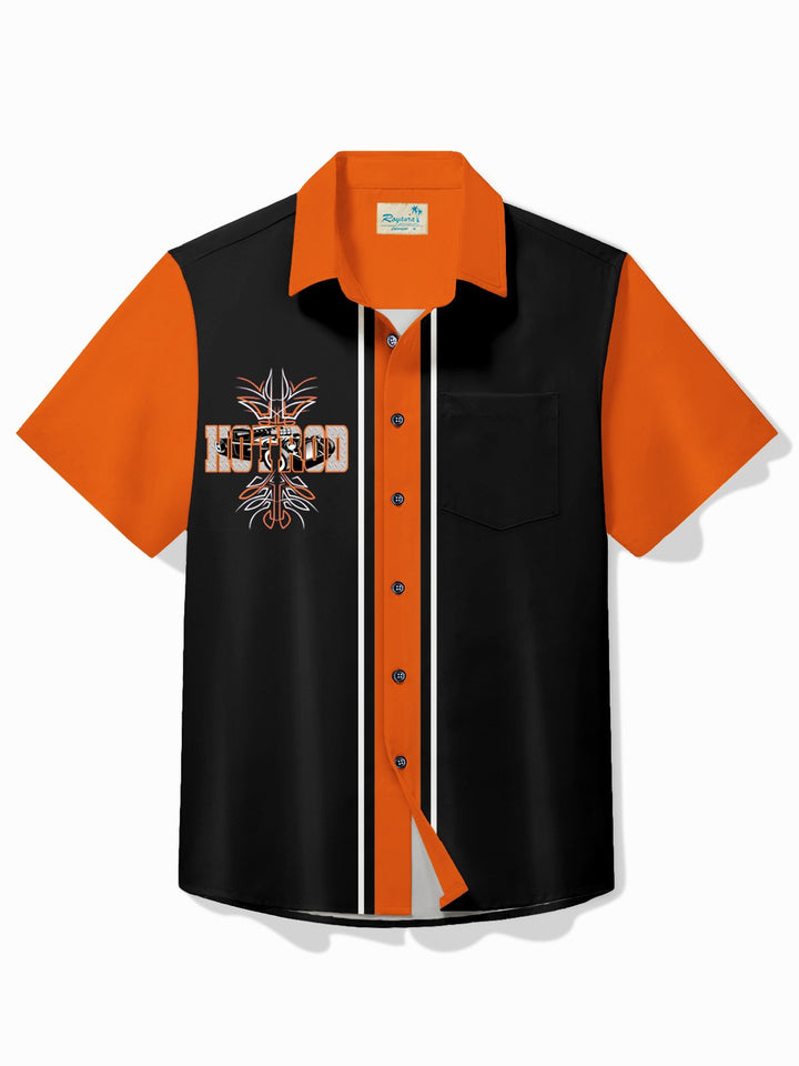 Alohadaddy Vintage Pinstripe Hot Rod Panel BowLing Printed Chest Pocket Shirt Large Size Men&