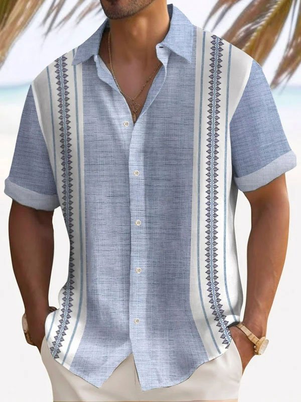 Camisa de manga corta con botones y estampado geométrico en contraste retro para hombre de Alohadaddy